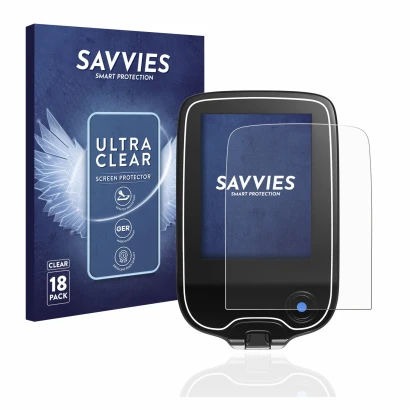 Front side of a product packaging with the brand logo Savvies. Next to it is the device Freestyle Libre 2 shown with the corre