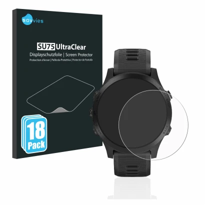 Front side of a product packaging with the brand logo Savvies. Next to it is the device Garmin Forerunner 945 shown with the c