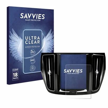 Front side of a product packaging with the brand logo Savvies. Next to it is the device Volvo V60 Sensus Connect 2019-2020 sho