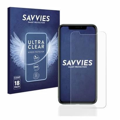 Front side of a product packaging with the brand logo Savvies. Next to it is the device Apple iPhone 11 Pro Max shown with the