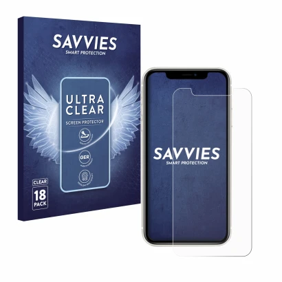 Front side of a product packaging with the brand logo Savvies. Next to it is the device Apple iPhone 11 shown with the corresp