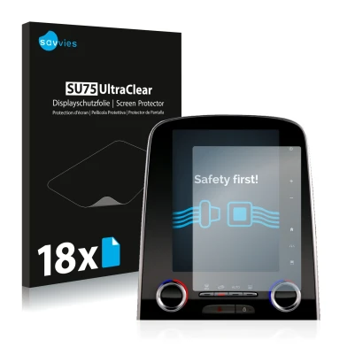 Front side of a product packaging with the brand logo Savvies. Next to it is the device Renault Espace R-Link 2 8.7" shown wit