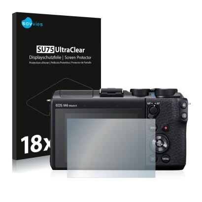 Front side of a product packaging with the brand logo Savvies. Next to it is the device Canon EOS M6 Mark II shown with the co