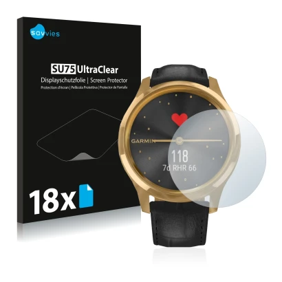 Front side of a product packaging with the brand logo Savvies. Next to it is the device Garmin vivomove Luxe (42 mm) shown wit