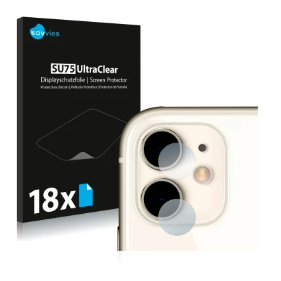 Front side of a product packaging with the brand logo Savvies. Next to it is the device Apple iPhone 11 (ONLY Camera Lens) sho