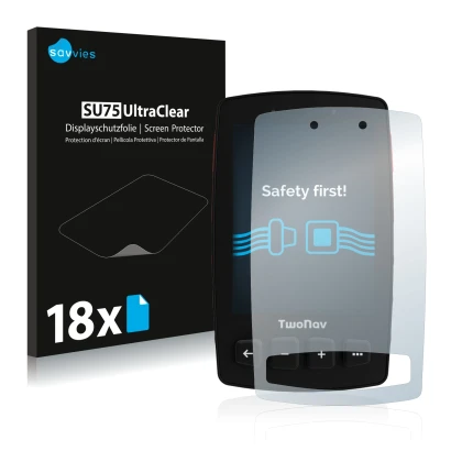 Front side of a product packaging with the brand logo Savvies. Next to it is the device TwoNav Trail 2 shown with the correspo