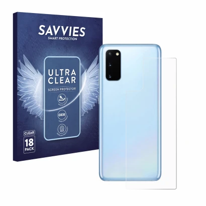 Front side of a product packaging with the brand logo Savvies. Next to it is the device Samsung Galaxy S20 (Back) shown with t