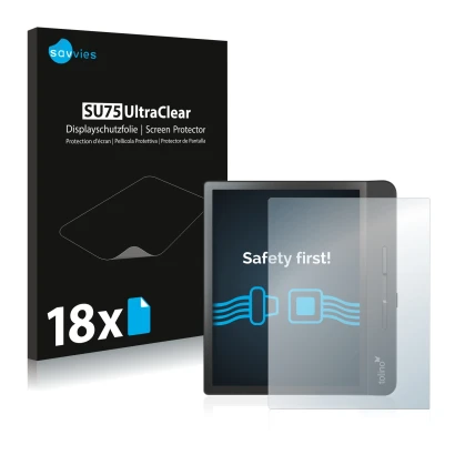 Front side of a product packaging with the brand logo Savvies. Next to it is the device Tolino Epos 2 shown with the correspon