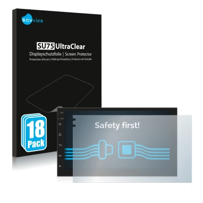 Front side of a product packaging with the brand logo Savvies. Next to it is the device Phonocar MediaStation 2Din shown with 