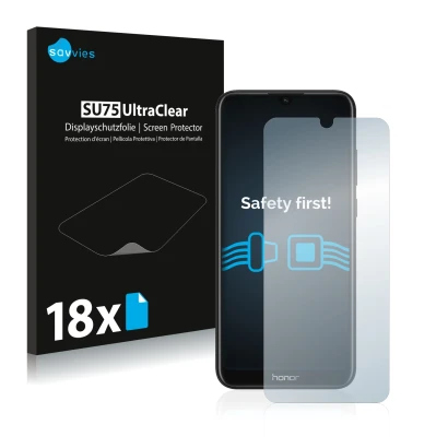 Front side of a product packaging with the brand logo Savvies. Next to it is the device Honor 8A shown with the corresponding 