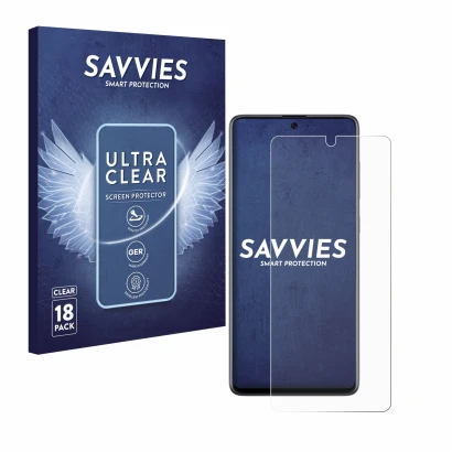 Front side of a product packaging with the brand logo Savvies. Next to it is the device Samsung Galaxy A71 shown with the corr