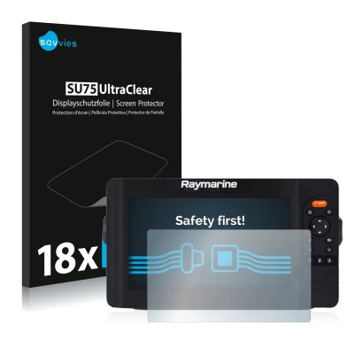 Front side of a product packaging with the brand logo Savvies. Next to it is the device Raymarine Element 9 HV shown with the 