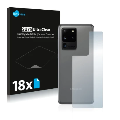 Front side of a product packaging with the brand logo Savvies. Next to it is the device Samsung Galaxy S20 Ultra (Back) shown 