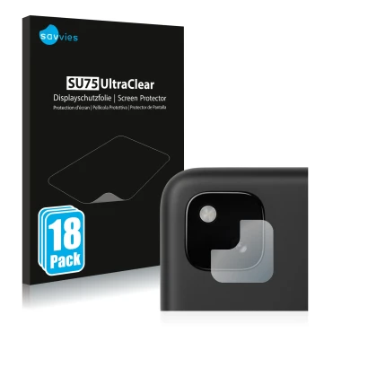 Front side of a product packaging with the brand logo Savvies. Next to it is the device Google Pixel 4a (ONLY Camera Lens) sho