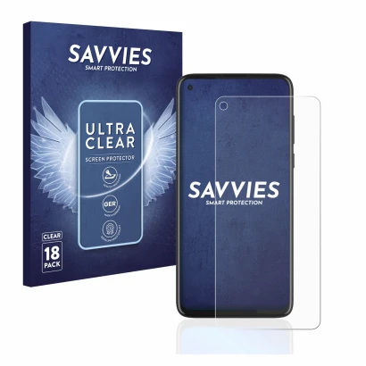 Front side of a product packaging with the brand logo Savvies. Next to it is the device Motorola Moto G8 Power shown with the 
