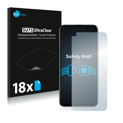 Front side of a product packaging with the brand logo Savvies. Next to it is the device Huawei P40 Lite E shown with the corre
