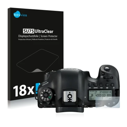 Front side of a product packaging with the brand logo Savvies. Next to it is the device Canon EOS 6D (top plate display) shown