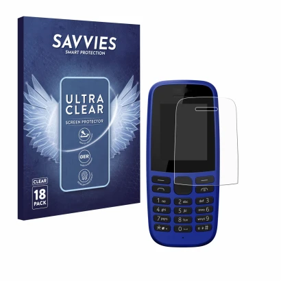 Front side of a product packaging with the brand logo Savvies. Next to it is the device Nokia 105 DS 2019 shown with the corre