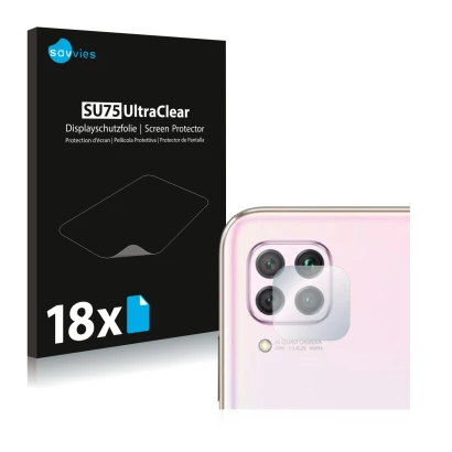 Front side of a product packaging with the brand logo Savvies. Next to it is the device Huawei P40 lite (ONLY Camera Lens) sho
