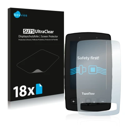 Front side of a product packaging with the brand logo Savvies. Next to it is the device TwoNav Aventura 2 shown with the corre