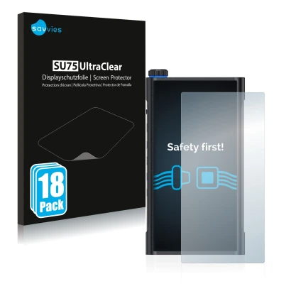 Front side of a product packaging with the brand logo Savvies. Next to it is the device FiiO M15 shown with the corresponding 
