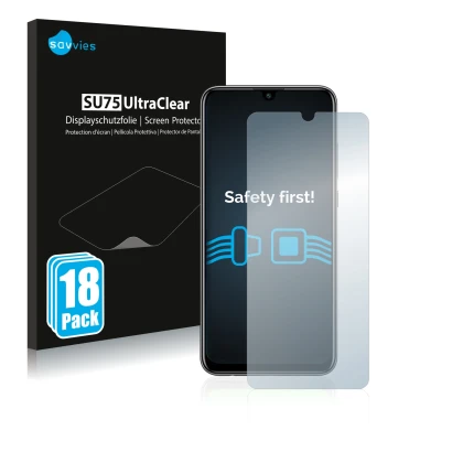 Front side of a product packaging with the brand logo Savvies. Next to it is the device Huawei P smart 2020 shown with the cor