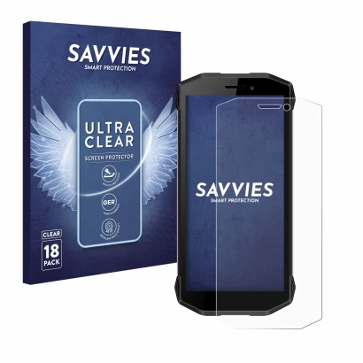 Front side of a product packaging with the brand logo Savvies. Next to it is the device Evolveo Strongphone G5 shown with the 