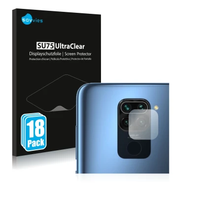Front side of a product packaging with the brand logo Savvies. Next to it is the device Xiaomi Redmi Note 9 (ONLY Camera Lens)