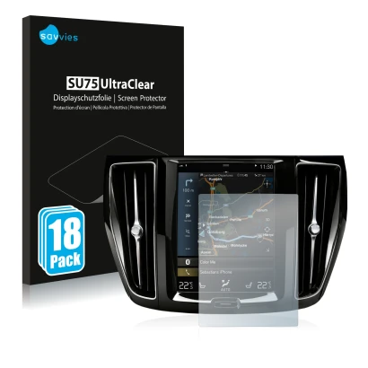 Front side of a product packaging with the brand logo Savvies. Next to it is the device Volvo S60 Sensus Connect 2020 shown wi