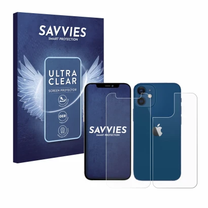 Front side of a product packaging with the brand logo Savvies. Next to it is the device Apple iPhone 12 mini (Front+Back) show