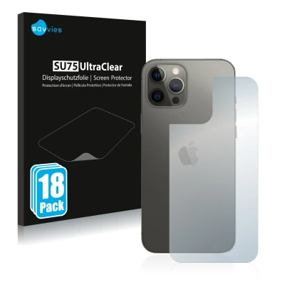 Front side of a product packaging with the brand logo Savvies. Next to it is the device Apple iPhone 12 Pro Max (Back) shown w