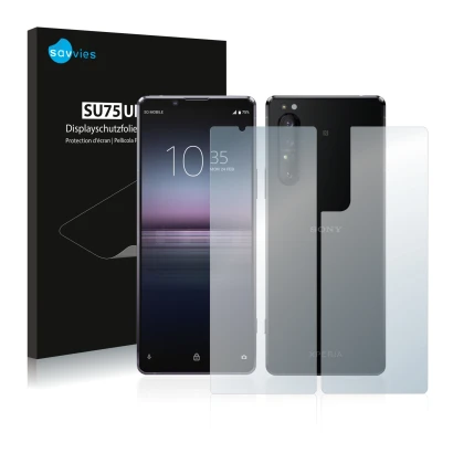 Front side of a product packaging with the brand logo Savvies. Next to it is the device Sony Xperia 1 II (Front+Back) shown wi