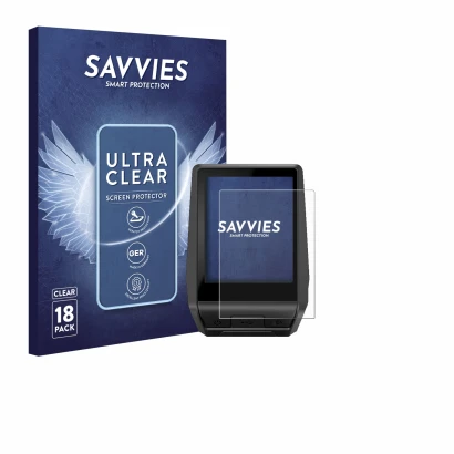 Front side of a product packaging with the brand logo Savvies. Next to it is the device Bosch Nyon 2020 shown with the corresp
