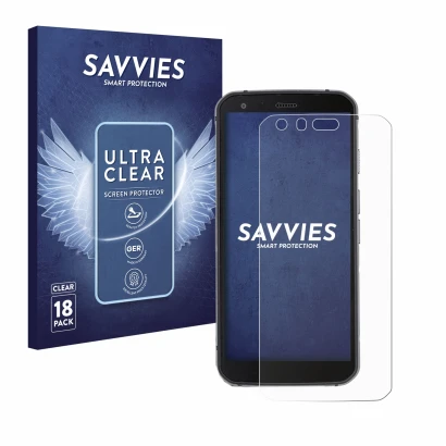 Front side of a product packaging with the brand logo Savvies. Next to it is the device Caterpillar Cat S62 Pro shown with the