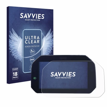 Front side of a product packaging with the brand logo Savvies. Next to it is the device BMW S 1000 RR 2019 Connectivity TFT 6.