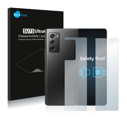 Front side of a product packaging with the brand logo Savvies. Next to it is the device Samsung Galaxy Z Fold 2 5G (Front+Back