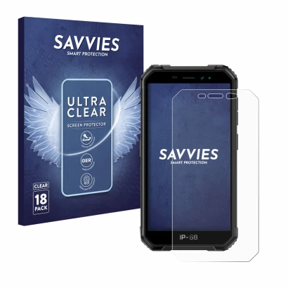 Front side of a product packaging with the brand logo Savvies. Next to it is the device Ulefone Armor X6 shown with the corres