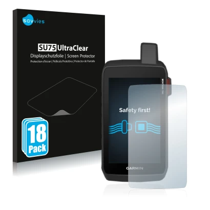 Front side of a product packaging with the brand logo Savvies. Next to it is the device Garmin Montana 750i shown with the cor