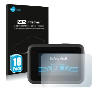 Front side of a product packaging with the brand logo Savvies. Next to it is the device GoPro Hero 9 Black shown with the corr