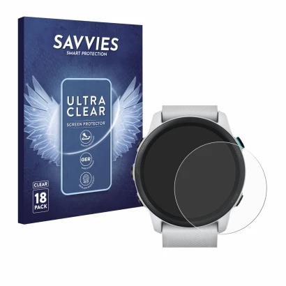 Front side of a product packaging with the brand logo Savvies. Next to it is the device Garmin Forerunner 745 shown with the c