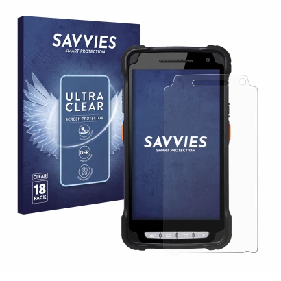 Front side of a product packaging with the brand logo Savvies. Next to it is the device Point Mobile PM90 shown with the corre