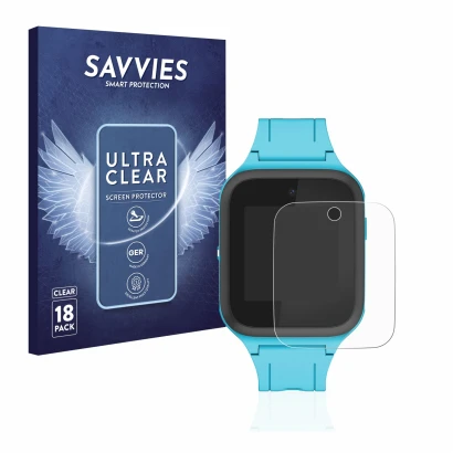 Front side of a product packaging with the brand logo Savvies. Next to it is the device TCL Movetime FamilyWatch Kids MT40X sh