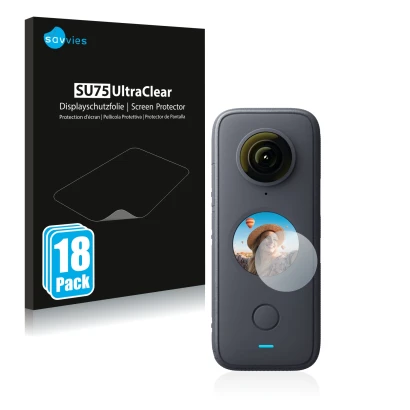 Front side of a product packaging with the brand logo Savvies. Next to it is the device Insta360 One X2 shown with the corresp