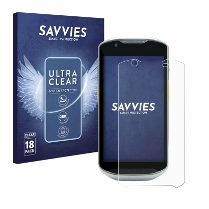 Front side of a product packaging with the brand logo Savvies. Next to it is the device Zebra TC57x shown with the correspondi