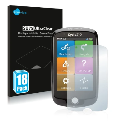 Front side of a product packaging with the brand logo Savvies. Next to it is the device Mio Cyclo 210 shown with the correspon