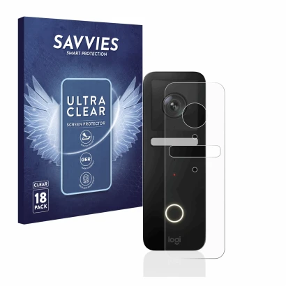 Front side of a product packaging with the brand logo Savvies. Next to it is the device Logitech Circle View Doorbell shown wi