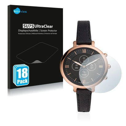 Front side of a product packaging with the brand logo Savvies. Next to it is the device Fossil Monroe Hybrid HR shown with the
