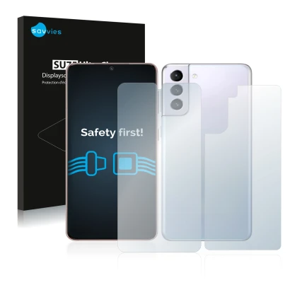 Front side of a product packaging with the brand logo Savvies. Next to it is the device Samsung Galaxy S21 5G (Front+Back) sho