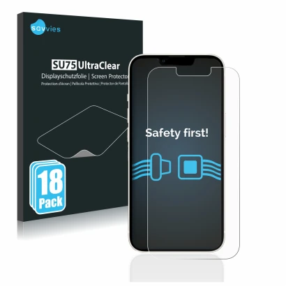 Front side of a product packaging with the brand logo Savvies. Next to it is the device Apple iPhone 13 shown with the corresp