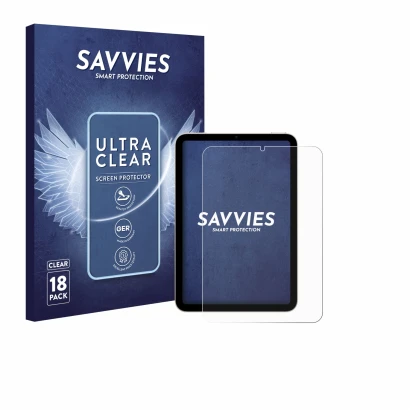 Front side of a product packaging with the brand logo Savvies. Next to it is the device Apple iPad Mini 6 WiFi 2021 shown with